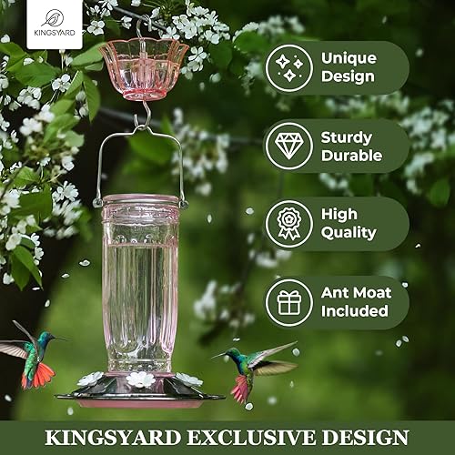 Miniatura 2 de Kingsyard Comedero de cristal para colibríes para exteriores, comedero para pájaros silvestres con 6 puertos de alimentación para colgar para jardín