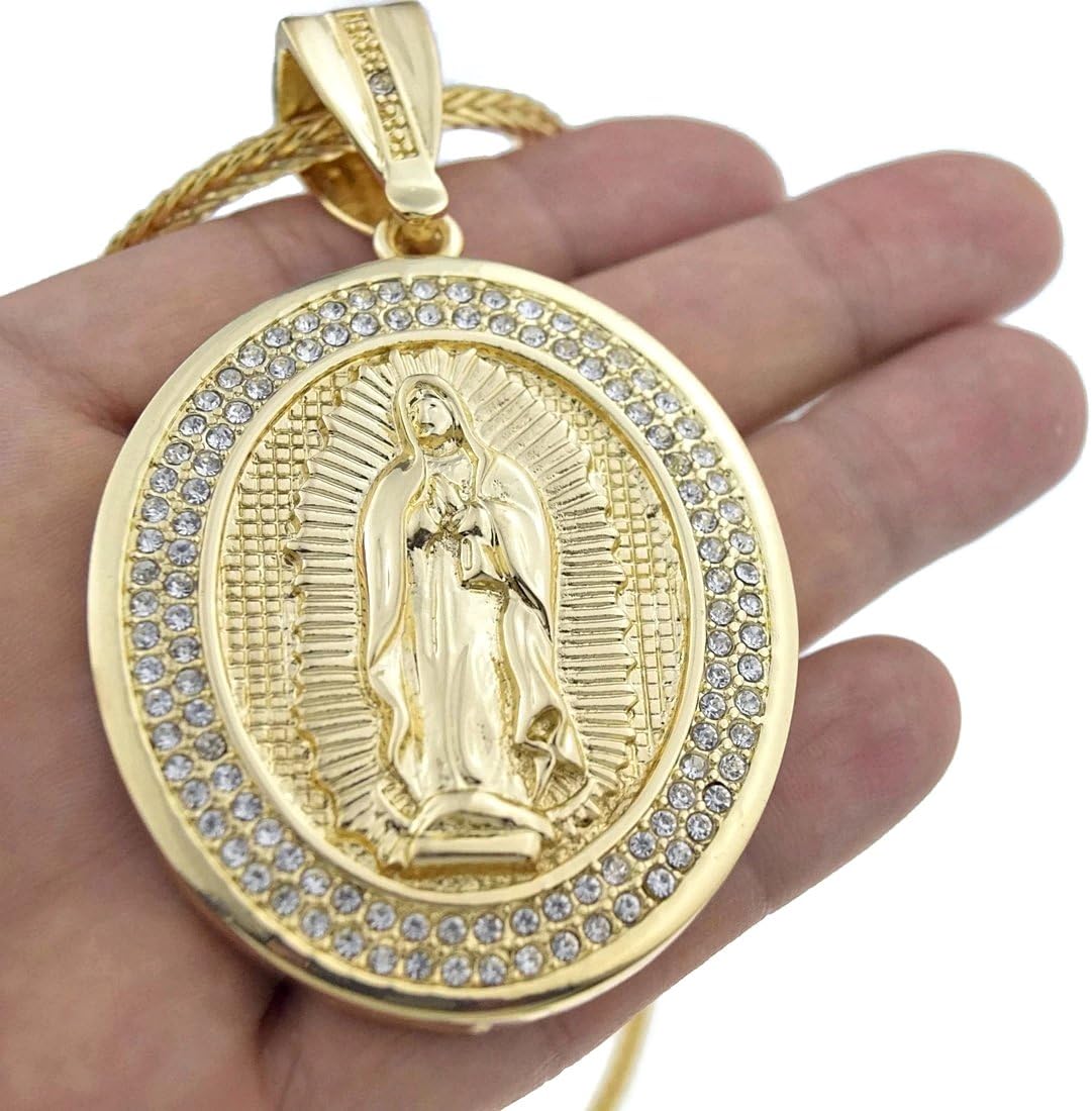 Bling Cartel Virgin Mary Immaculate Heart Oval Pendant La Virgen De Guadalupe Iced Gold Finish 36 in Franco Chain