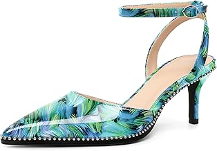 SAMMITOP Kitten Heels for Women Low Heel Closed Toe Ankle Strap Pumps Wedding Party Beaded Dress Shoes 2.4 Inch