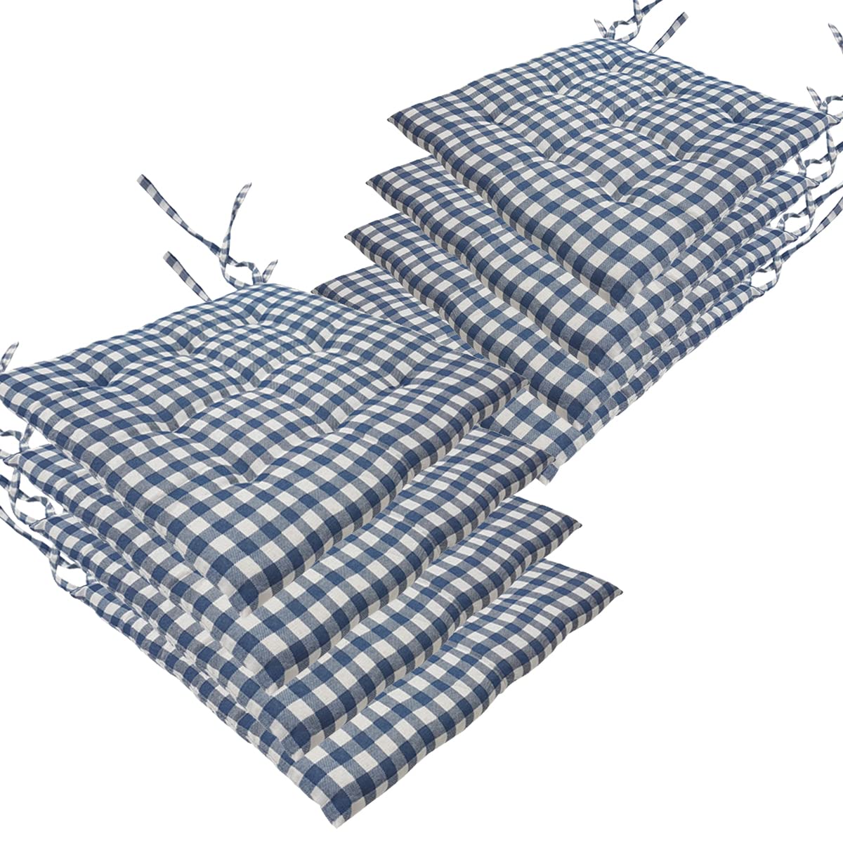 NYVI Stuhlkissen 40x40 cm ComfySeat Blau Weiß kariert 8er Set - Sitzkissen mit Bändern/Schleife, 9-fache Steppung - Indoor & Outdoor - Gartenstuhlkissen aus Baumwoll-Mischgewebe - ÖkoTex 100