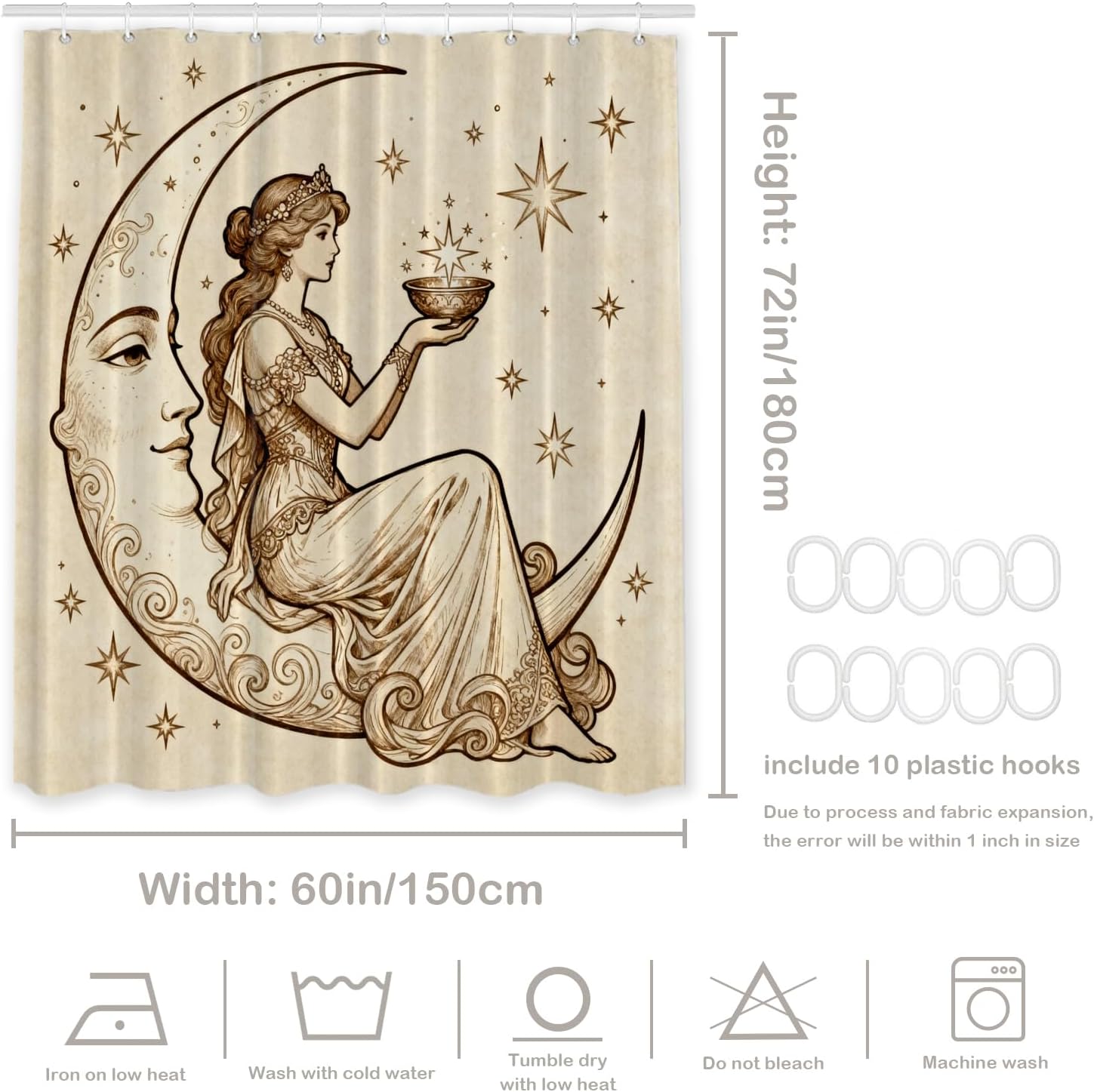 Batmerry Beige Antique Moon Decor Shower Curtain, Grey Classic Starry Sky Bathroom Decor Polyester Fiber Plastic Rings Quick-Drying Waterproof for Bathtubs/Bathroom, 72x60 inches