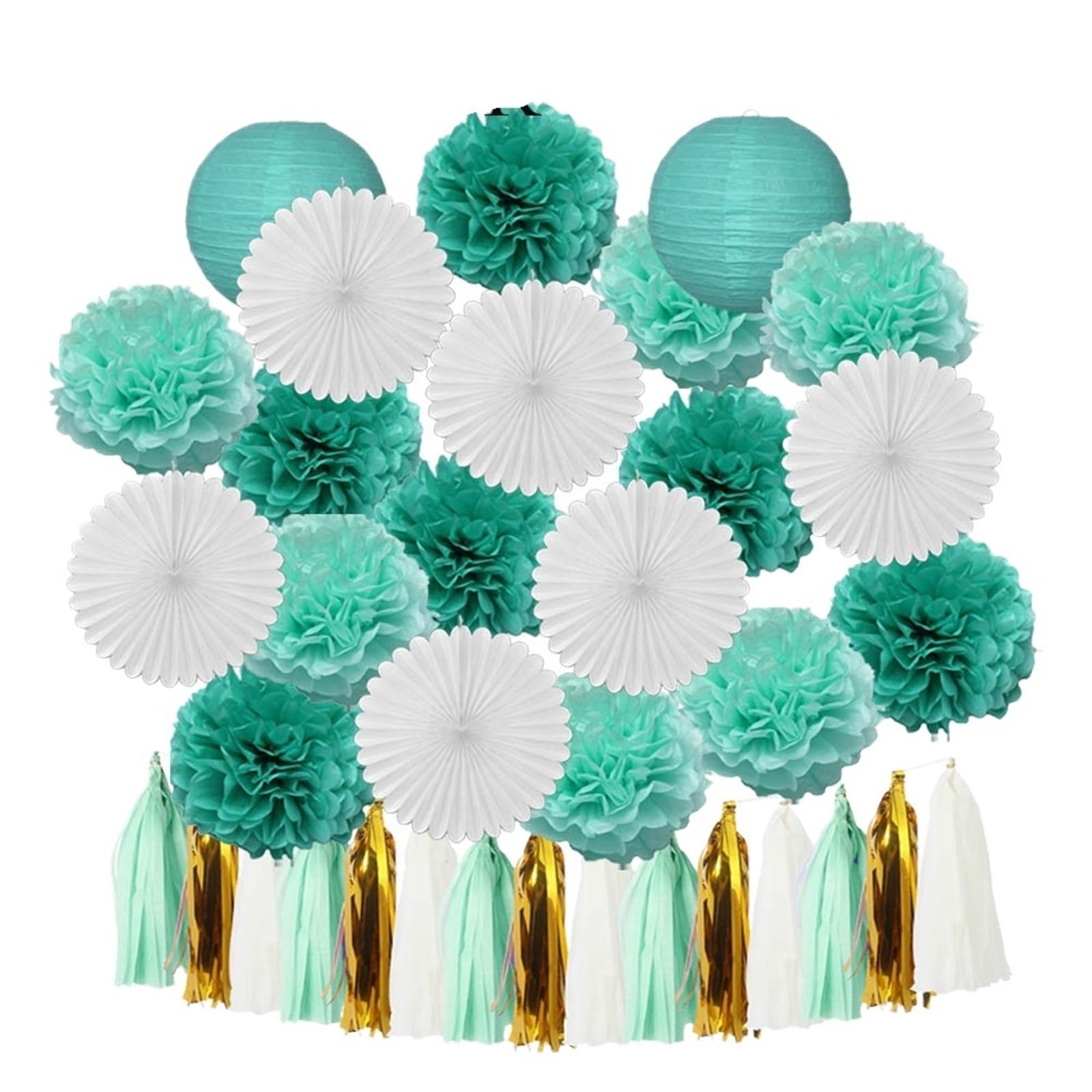 Paper Lanterns Boy Birthday Party Favor Hanging Paper Lantern Fan Wedding Decor Blue White Set Tissue Pompom Tassel(Mint Set)