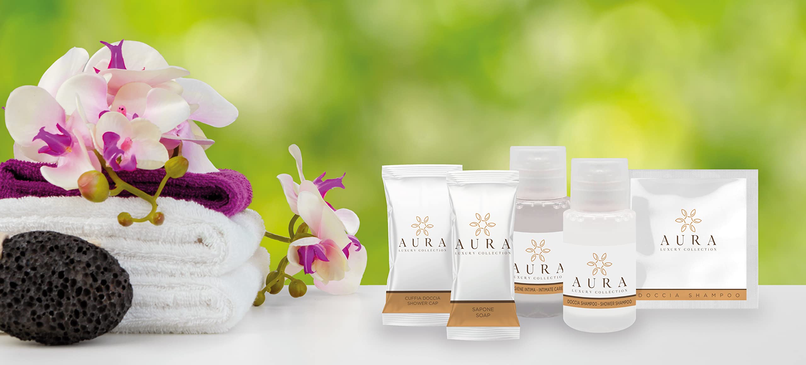 Aura Luxury Collection ® Green Edition Kit cortesia bagno per hotel e b&b 200 bustine stand-up con tappo 30 ml shampoo doccia delicato con estratti biologici di fiordaliso e passiflora