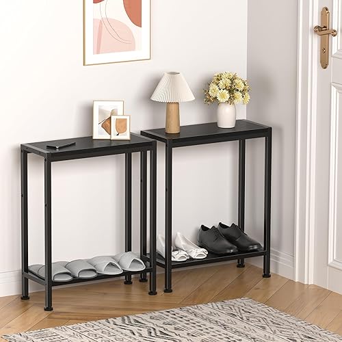 Miniatura 8 de Mesa auxiliar estrecha para espacios pequeños, mesa auxiliar pequeña de 2 niveles con soporte para estante en sala de estar, dormitorio, estudio,