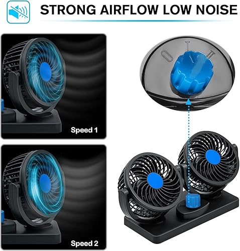 Miniatura 6 de Showvigor Ventilador de coche de 12 V, eléctrico ajustable de doble cabeza, silencioso y fuerte, ventilador de refrigeración de tablero de
