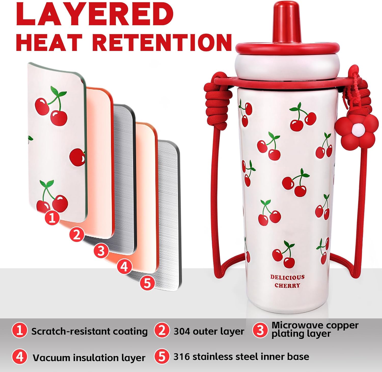 21 OZ Red Cherry Tumbler Insulated Vacuum Stainless Steel Water Bottle Tumbler with Lid Spill Proof Cup for Hot and Cold Drink Leak Proof Travel Mug with Straw Christmas Gifts For Women Mother - Image 3