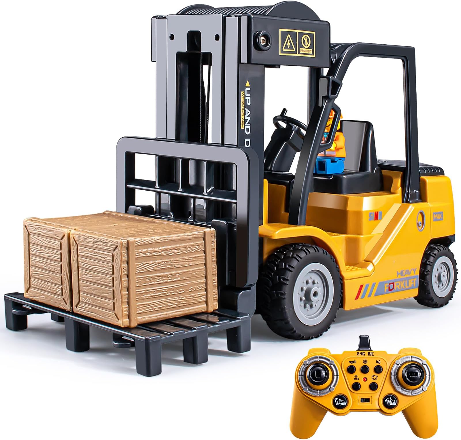 2.4Ghz Remote Control Forklift Toys,RC Forklift Truck with Spray, Cool Lights,Sound,1/24 Scale 11 Channel Rechargeable Construction Toys Gift for Kids