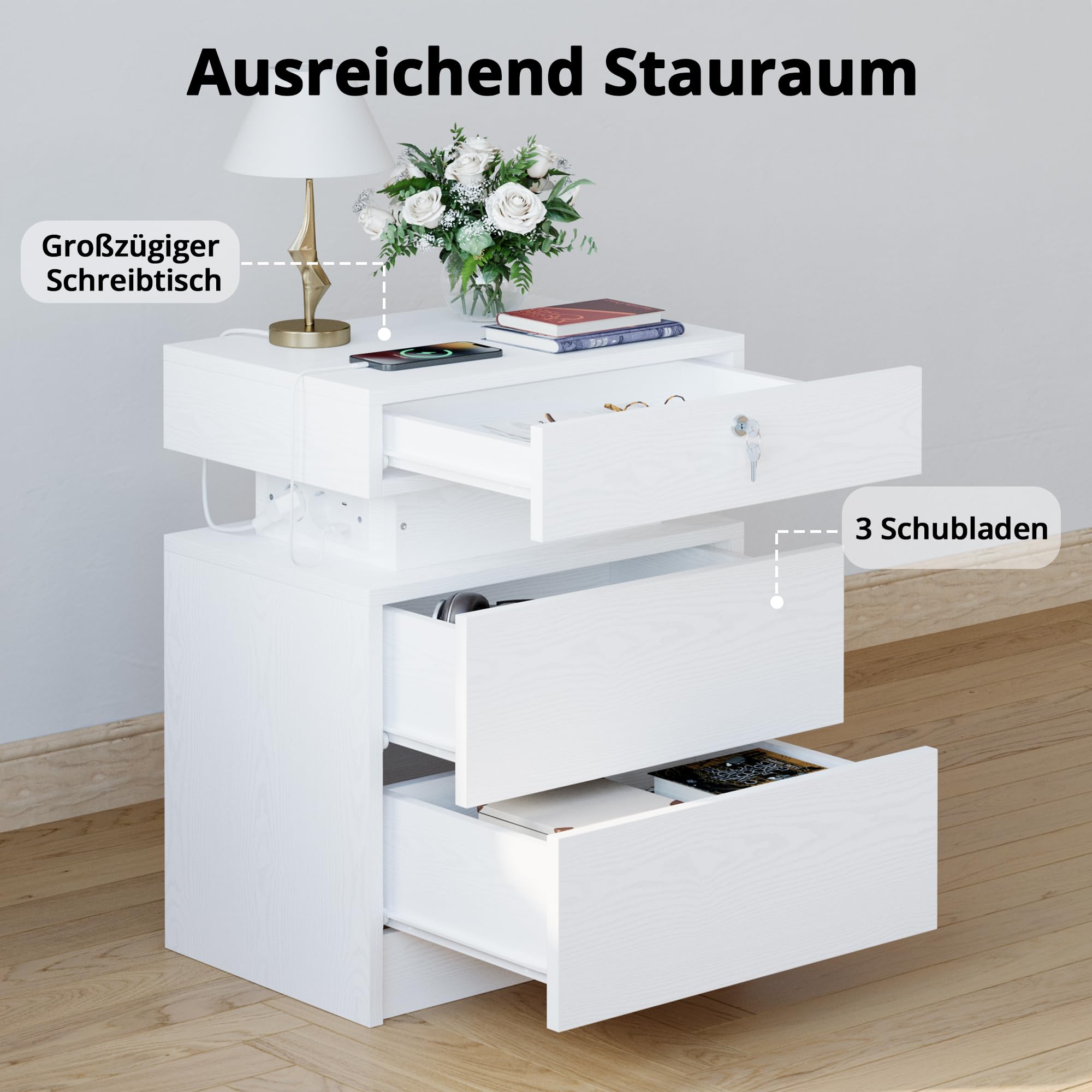 IRONCK Nachttisch, Nachtschrank mit LED-Beleuchtung, Beistelltisch mit 3 Schubladen, 1 USB- & 1 Typ-C-Anschluss und Schloss, Sofatisch für Wohnzimmer, Schlafzimmer, Weiß