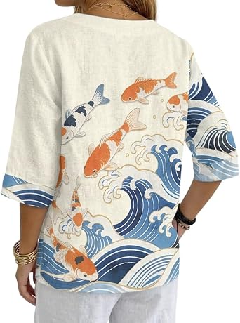Women's Shirts 3/4 Sleeve Tunic Tops Buttons Linen-Style Shirts Spring Summer V Neck Blouses