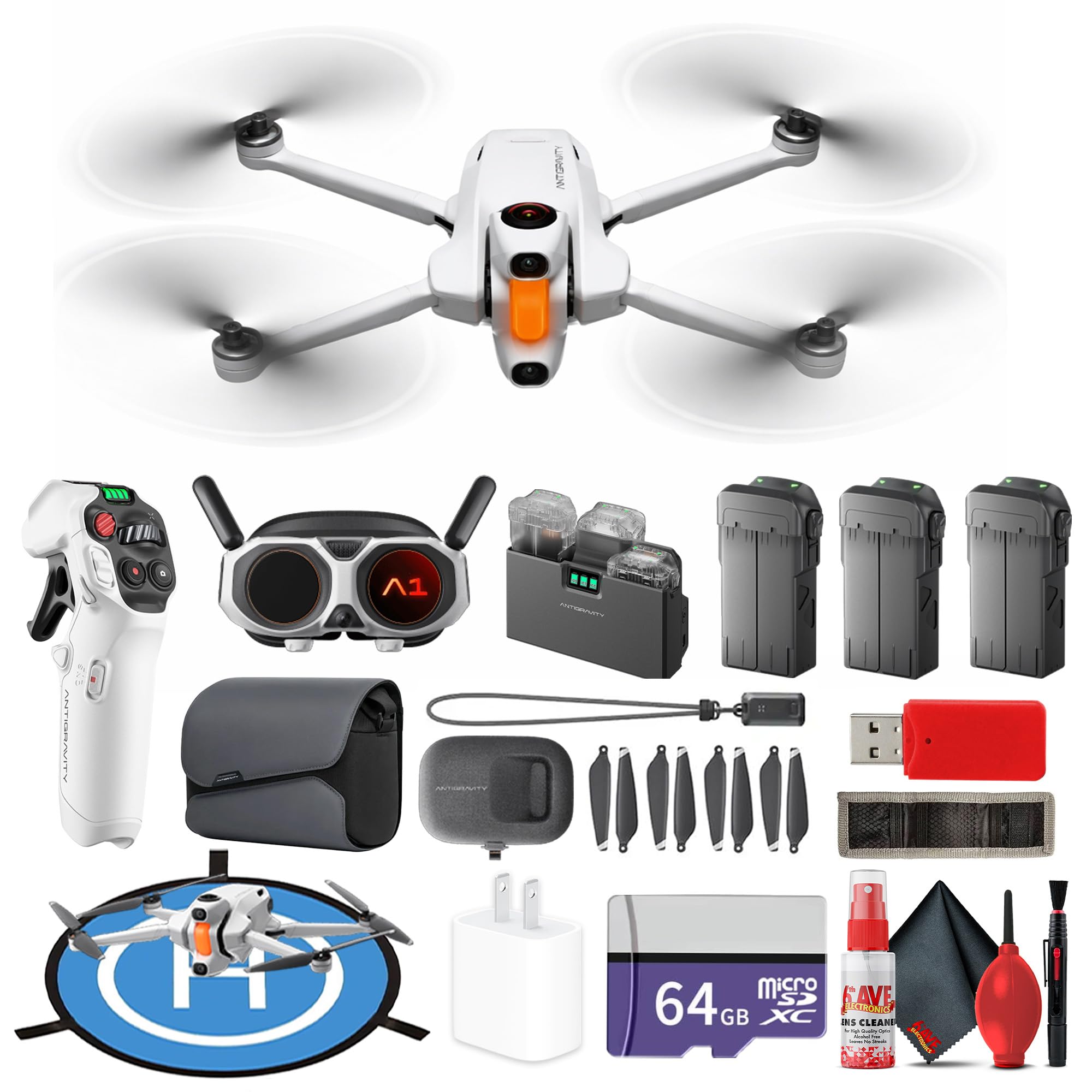 Antigravity A1 Explorer Bundle Drone 8K 360 Camera 3 Batteries | 249g Foldable with Obstacle Avoidance 10km Range Auto Return (DE001-02) + 64GB Card + Landing Pad + More (28pc Bundle)