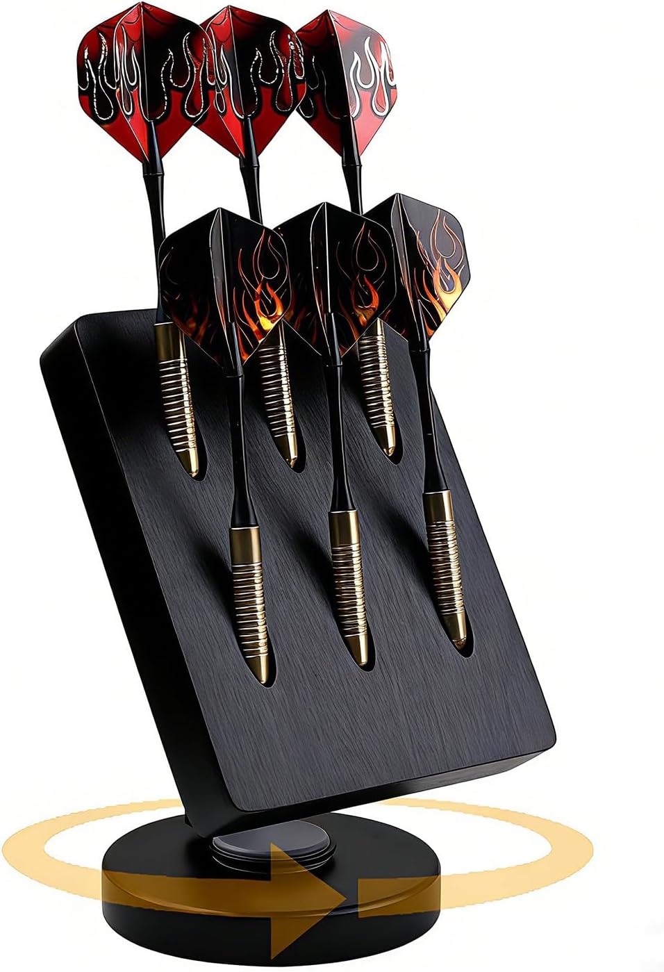 Rotating Wooden Dart Holder - Desktop Storage Stand for 6 Steel & Soft Tip Darts, Organizer Case with Non-Slip Base for Game Room, Bar, Office (Black)