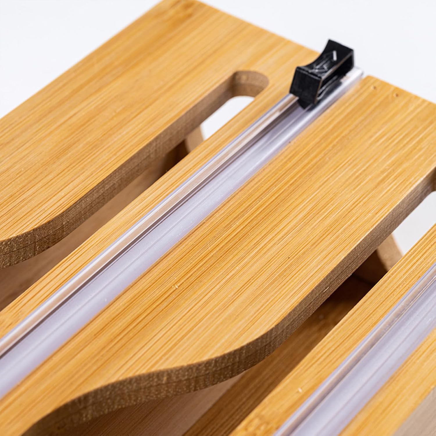 Derouleur Film Alimentaire en Bambou, Distributeur Papier Aluminium et Film avec Cutter Coulissant, Distributeur Film Alimentaire Compatible avec rouleaux de 30cm, Organisateur Tiroir Cuisine Efficace