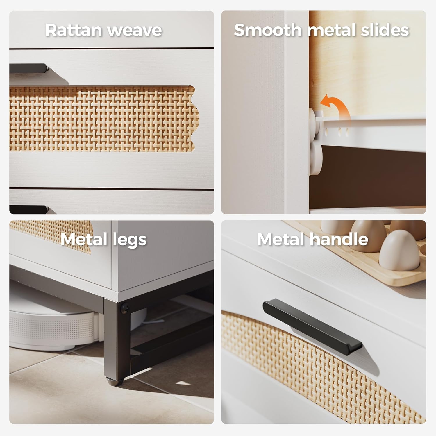 3 Drawer Rattan Dresser for Bedroom, Wood Dresser for Closet with Metal Handles, Small Boho Nightstand, White Dressers & Chests of Drawers for Bedroom, Hallway and Entryway