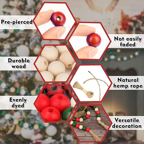 Miniatura 8 de 160 cuentas de madera de Navidad con cuentas de madera de cuerda de cáñamo de 328ft para manualidades cuentas de estampado a cuadros de búfalo