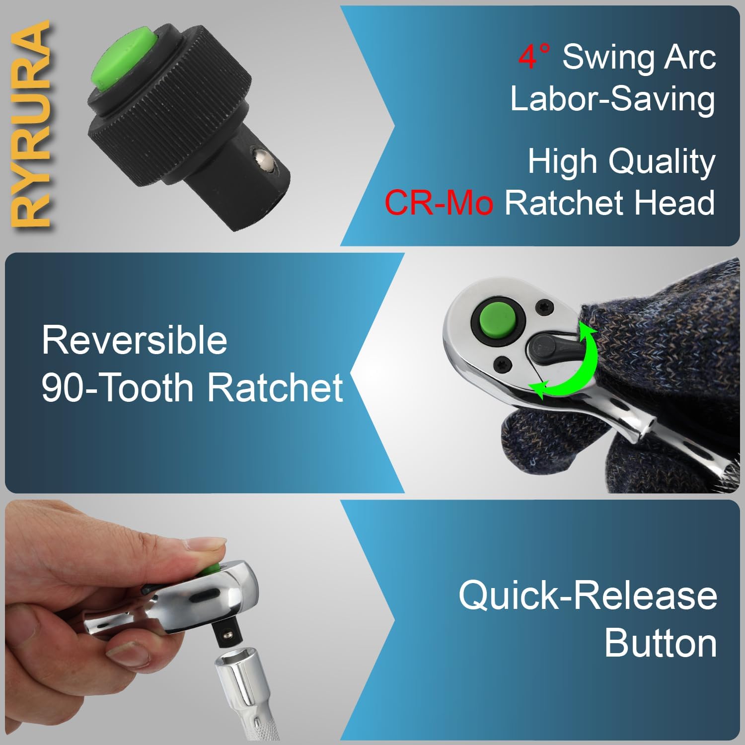 6-Piece Ratchet Set,1/4",3/8",1/2"Drive,Reversible Ratchet Wrench with Extension Bar,90-Tooth,Quick-Release,Chrome Alloy Made,Mens Stocking Stuffers Gifts for Men Gifts for Women Gifts for Dad