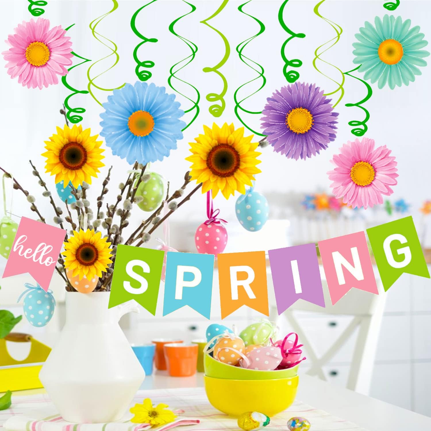 Hello Spring Banner Colorful Flower Hanging Swirls Sun Flowers Daisy Pattern Hanging Banner for Spring Easter Party Decorations Mantle Fireplace Indoor Outdoor Home Classroom Decorations