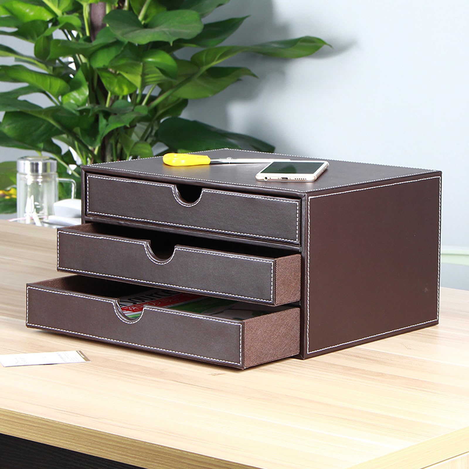 Boîte de rangement de bureau en cuir synthétique avec 3 tiroirs A4 - Organiseur de bureau - Pour documents et fournitures de bureau - Marron