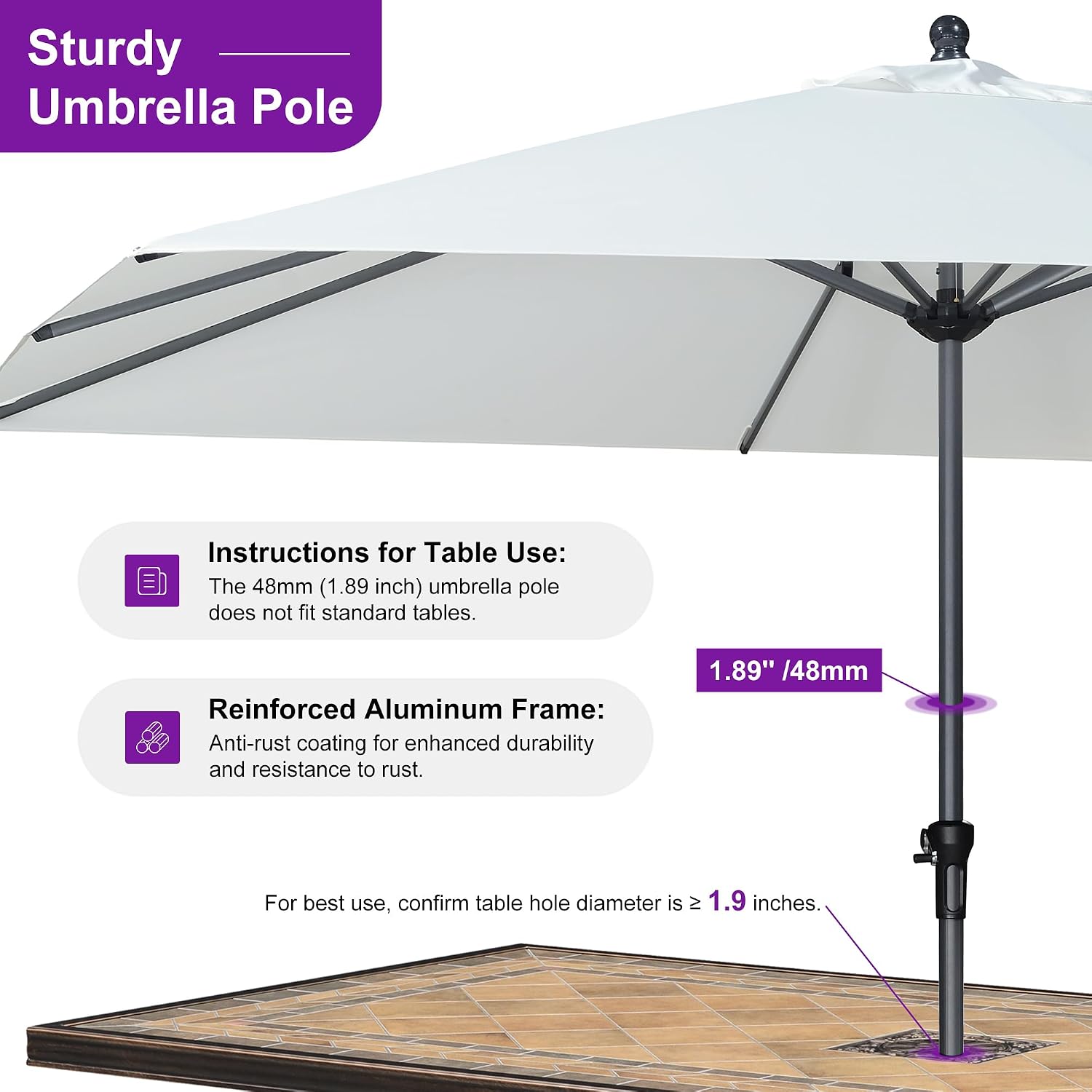 PURPLE LEAF 12' x 9' Rectangle Patio Market Umbrella with Base Outdoor Table Umbrellas Aluminum Frame Sun Shade with 8 Sturdy Ribs for Garden Deck Lawn Pool White