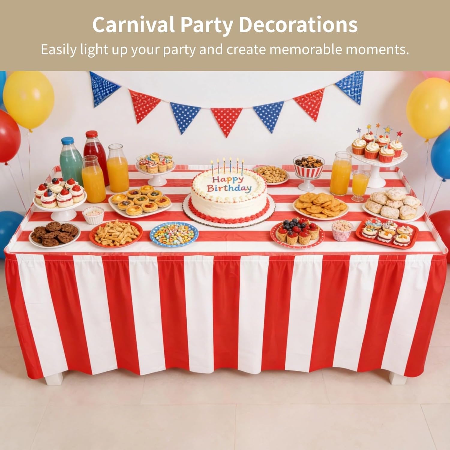 Varku Red White Striped Carnival Tablecloth and Table Skirt Combo: 4 Tablecloths & 4 Table Skirts, Disposable Circus Theme Party Decorations, Table Covers for Carnival Party Supplies