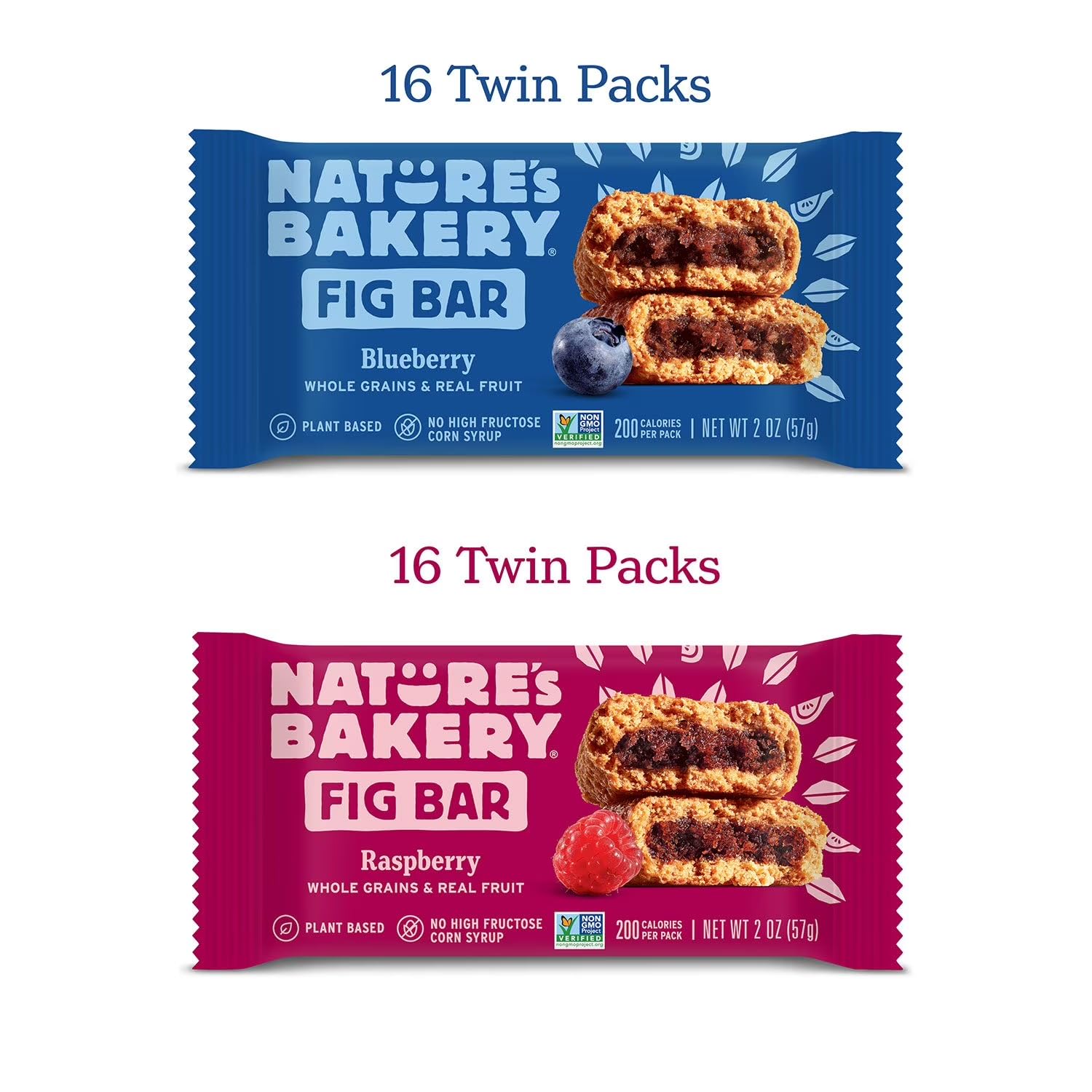 Natures Bakary Whole Wheat Fig Bars - 32 Twin Packs (16 Blueberry, 16 Raspberry Each)