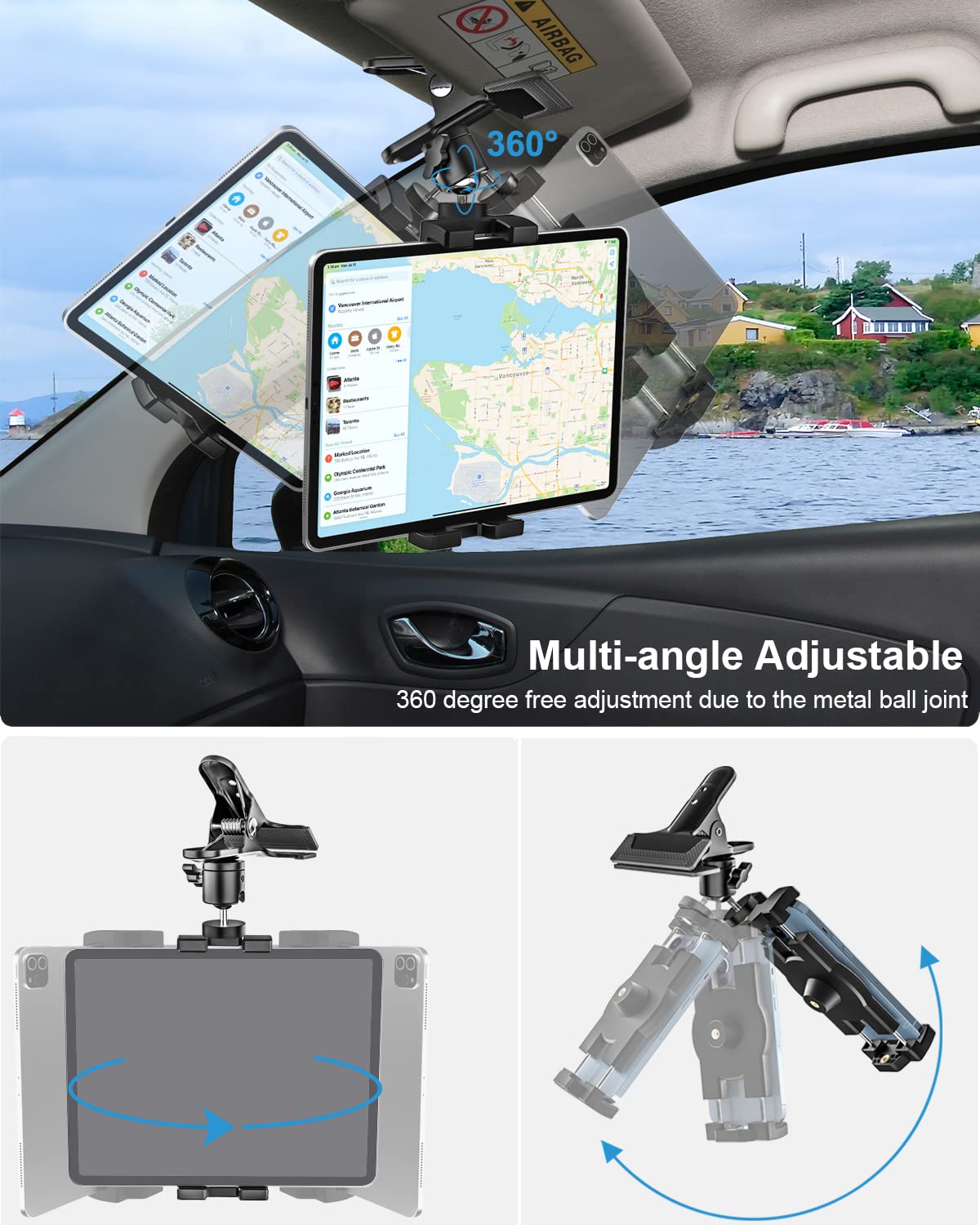 Supporto da auto per tablet da 4,7"-12,9", supporto per tablet girevole a 360°, in metallo, compatibile con iPad Pro/Air/Mini, Galaxy Tabs, iPhone, Switch, tablet
