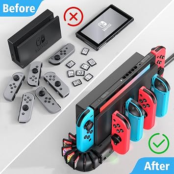 Switch Controller Charger Dock Station Compatible with Nintendo Switch Accessories & OLED Model Joycons, KDD Joycon Charging Dock Station with Upgraded 8 Game Storages, Game Accessories