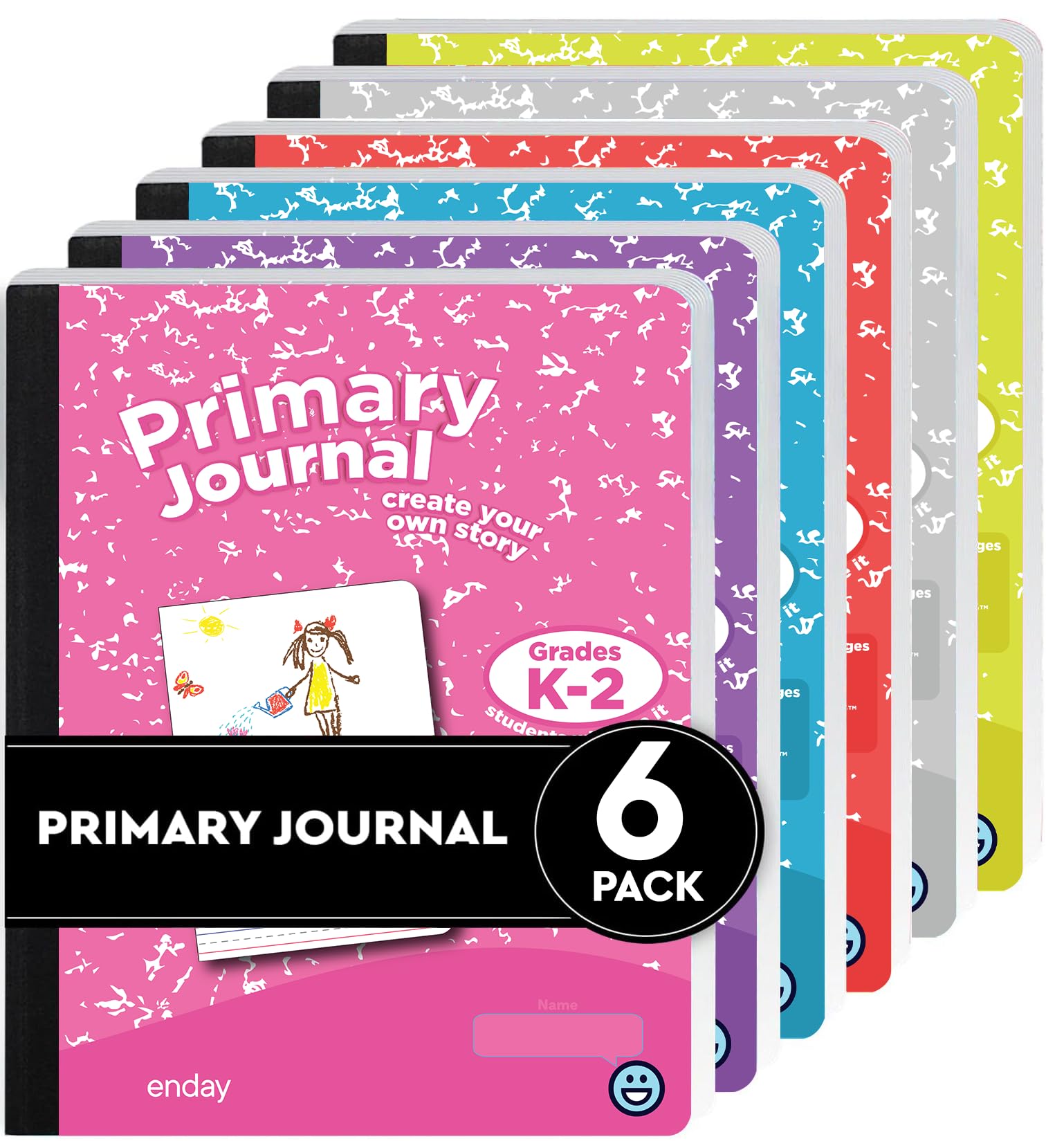 Enday Primary Journal Grades K-2 Assorted Colors, Half Page Ruled Primary Journal Composition Notebook for Kids, 100 Sheets kids Notebook - Blue, Purple, Pink, Red (6 Pack)