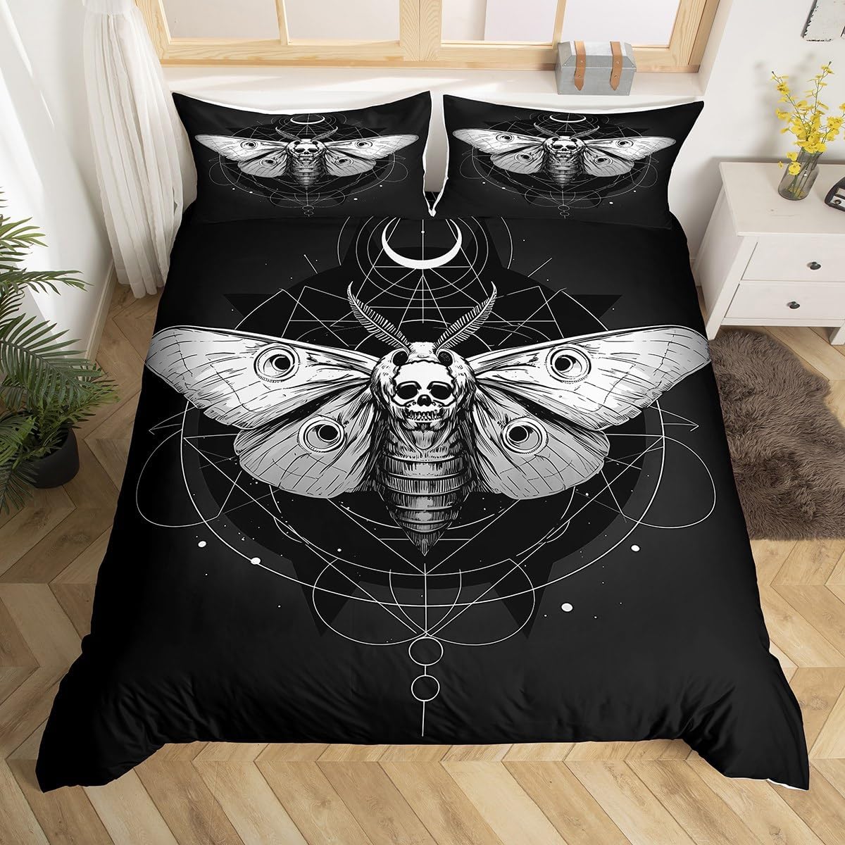 Feelyou Boys Girls Death Moth Comforter Cover Queen Size, Gothic Duvet Cover Kids Halloween Decorations Bedding Set Skull Decor Teens Bedroom Decor Quilt Cover 3Pcs (No Comforter)