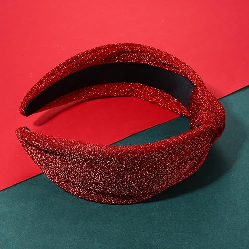 Miniatura 10 de Diadema de Navidad anudada para mujer, color rojo, verde, plateado, dorado, oropel superior, banda para el cabello, turbante ancho, aro para el