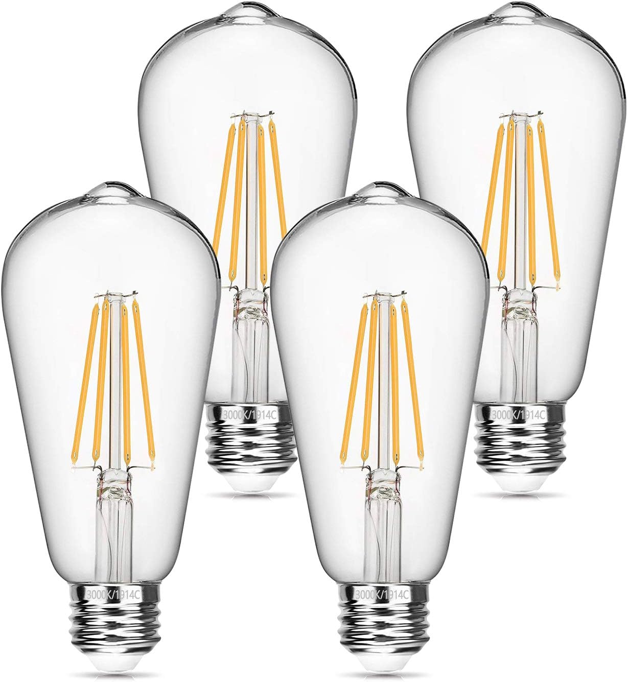 Boncoo Vintage LED Edison Bulb, Dimmable LED Filament Bulb 6W 3000K Soft White ST64 Antique LED Bulbs, 60W Equivalent 620LM E26 Base Clear Glass Decorative Bulb for Home, Kitchen, 4 Pack