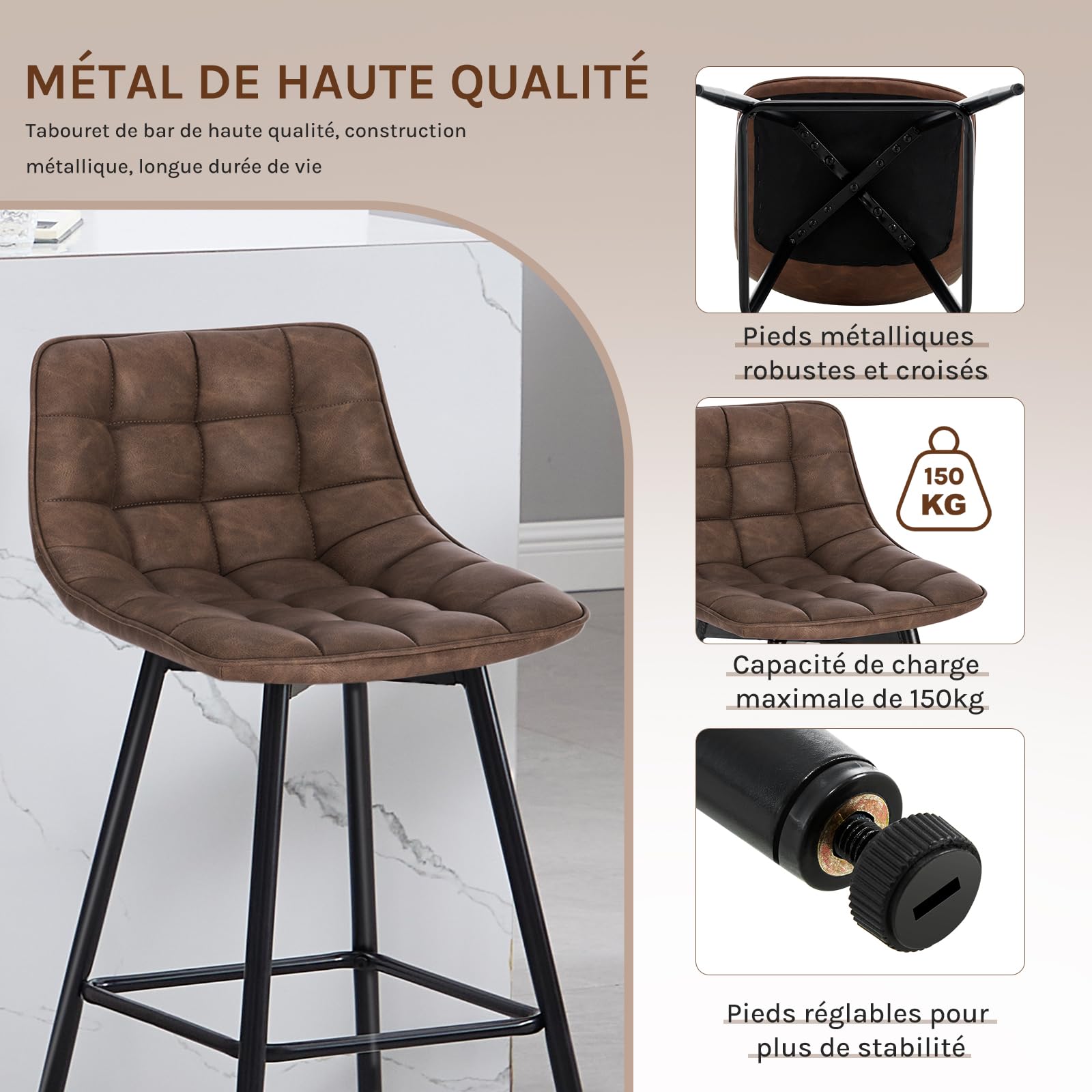 WOLTU 4 X Tabouret de Bar Bistro Chaise de Bar Assise rembourrée en Similicuir avec Pieds et Repose-Pieds en métal,Brun BH249br-4