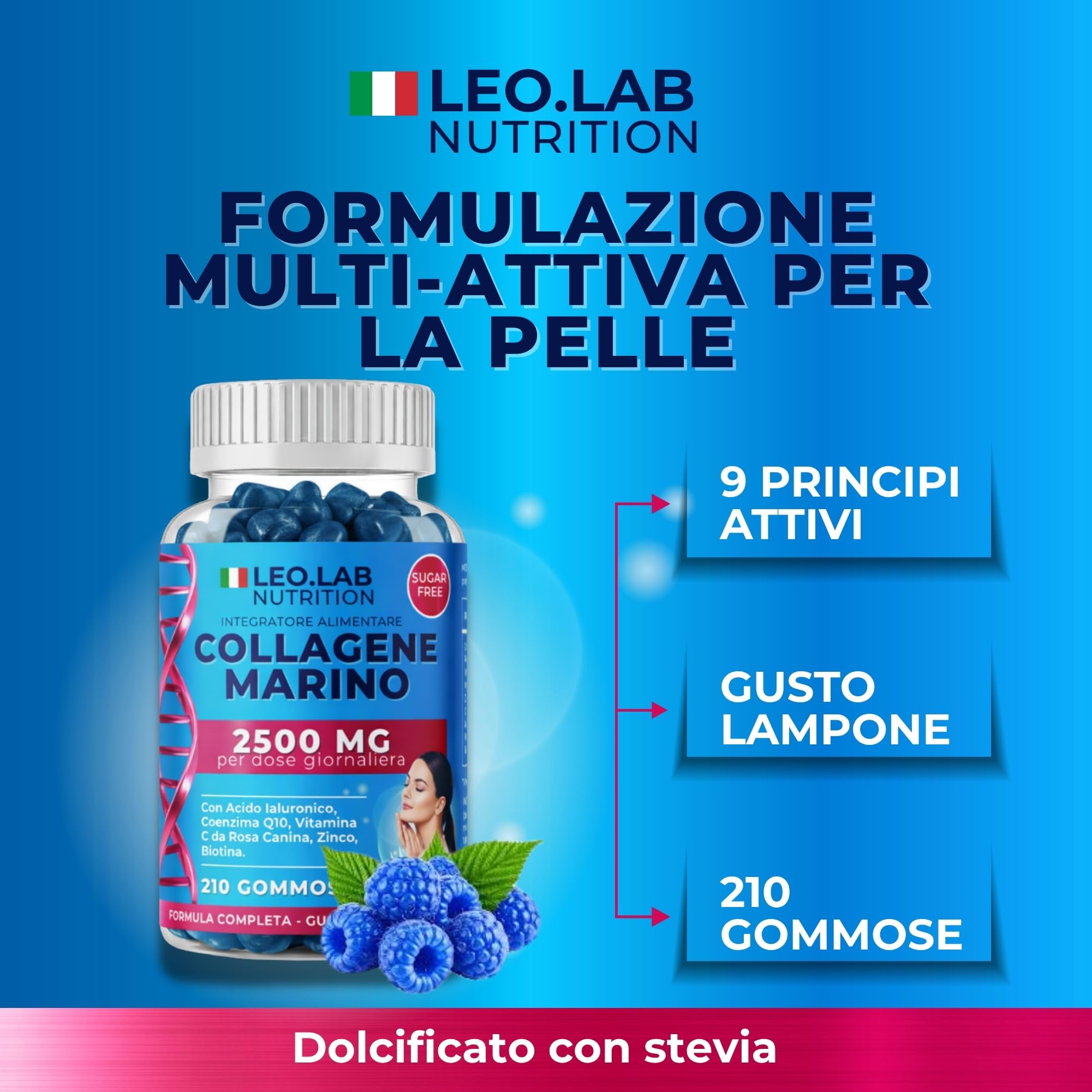Collagene Marino con Acido Ialuronico 2500mg 210 Gummies - Con Vitamina C, A, Zinco Q10 per la Funzione e Mantenimento della Pelle, Capelli e Unghie