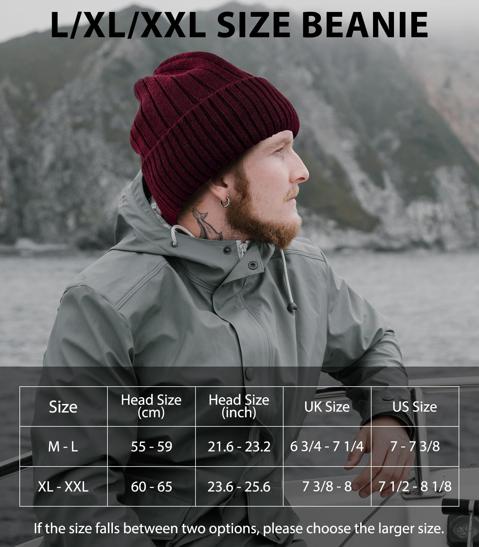 M/L/XL/XXL Wool Beanie for Men and Women, Fleece Lined Oversized Winter Knit Hat, Large Warm Wool Cuffed Cap for Big Head Wine