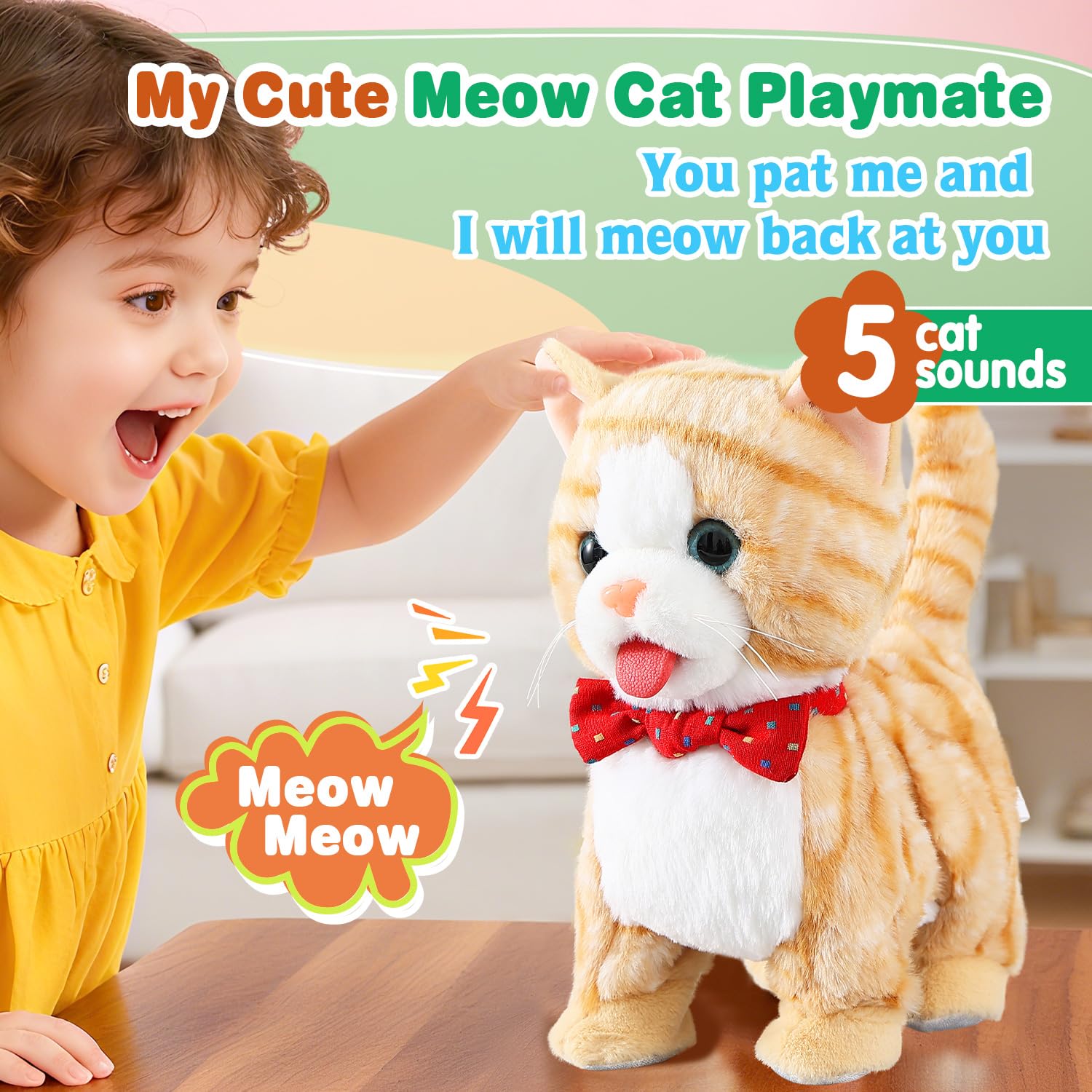 Juego de correa amarilla para gatos que camina interactivo, gato que habla, canta, baila, gatito, imita, repite lo que dices, gatito táctil y control de voz, asintiendo con la cola, gatito eléctrico