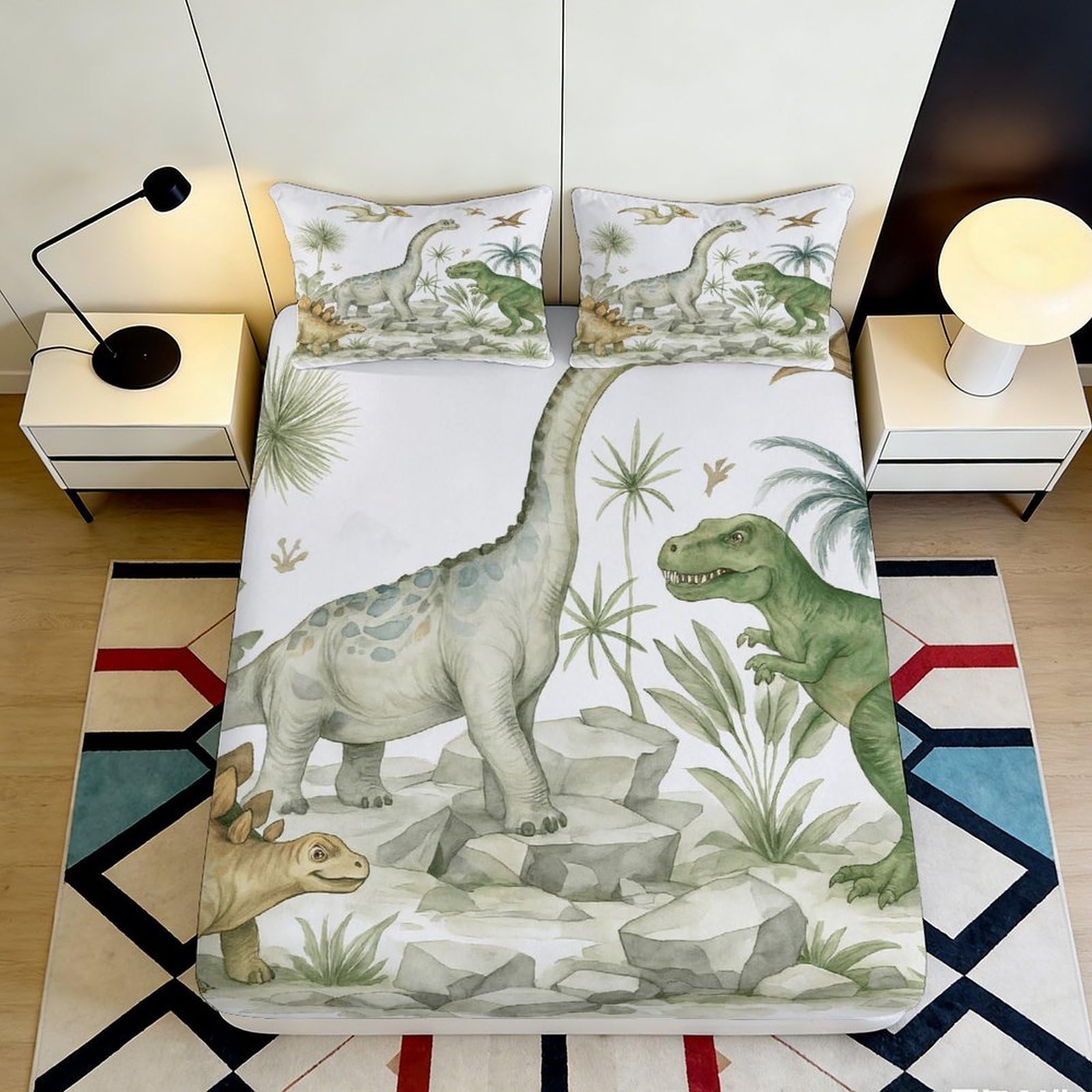 3D Printed Dinosaur Forest Fitted Sheet Microfiber Soft Green Jurassic Bed Cover for Bedroom Guest Room Decor 90x200x25cm