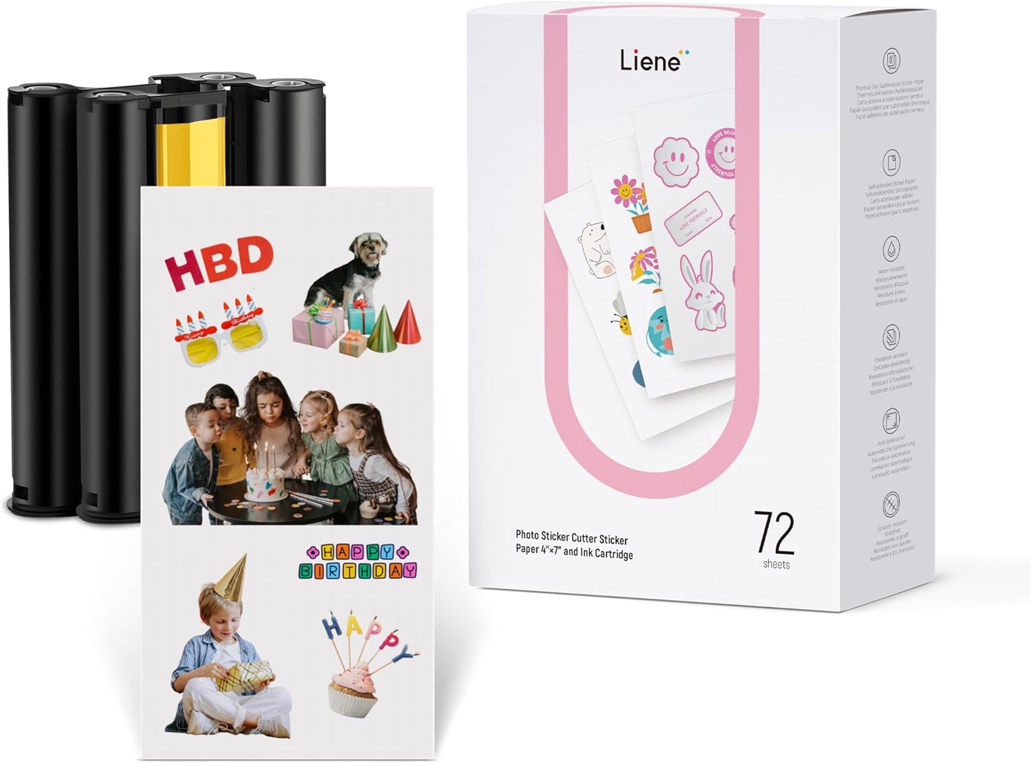 Liene Sticker Paper & Cartridge, 2 Ink Cartridge Refill & 72 sheets photo papers, 4×7″, Dye Sublimation, Water & Oxidation-Proof, Compatible w/Liene PixCut S1 Photo Sticker Printer and Cutter