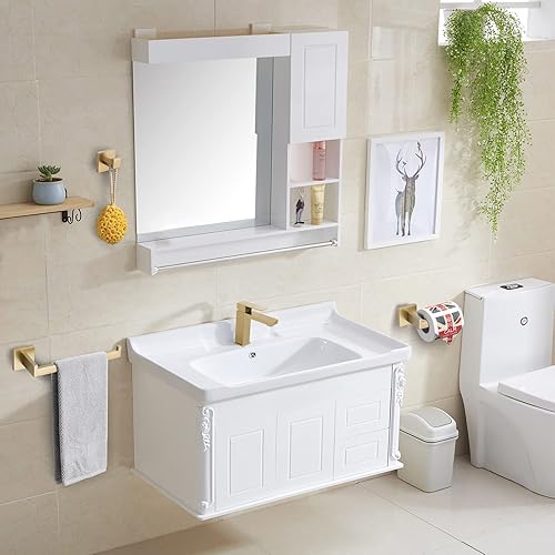 Miniatura 5 de TURS Juego de accesorios de baño de 3 piezas de oro cepillado de acero inoxidable, soporte para toallas de mano, soporte para papel higiénico,