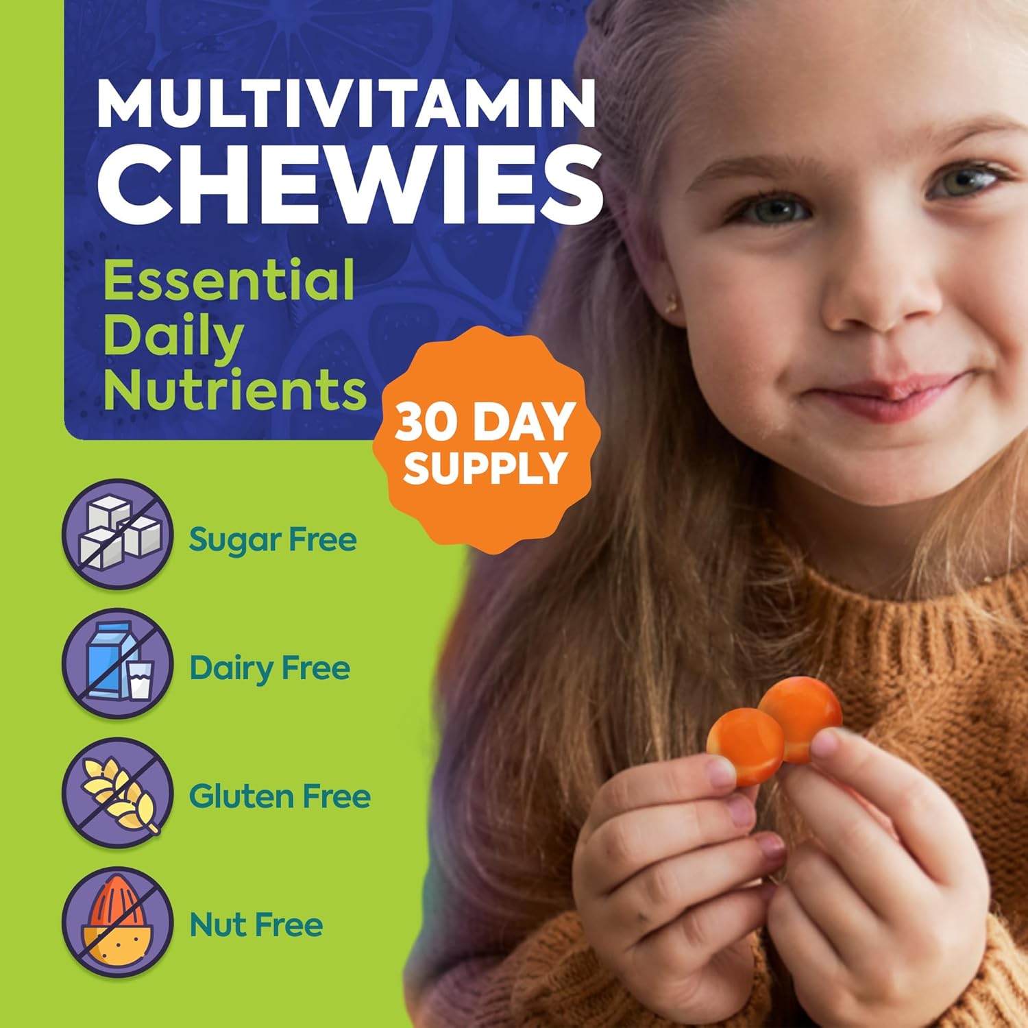 OmegaVia Sugar Free Kids Multivitamin Chewies - Daily Chewable Gummy Vitamins for Kids 3+, Vitamin A, C, D3, E, B6 & B12, Folate & More, Natural Orange Flavor, 30 Count (Pack of 4)