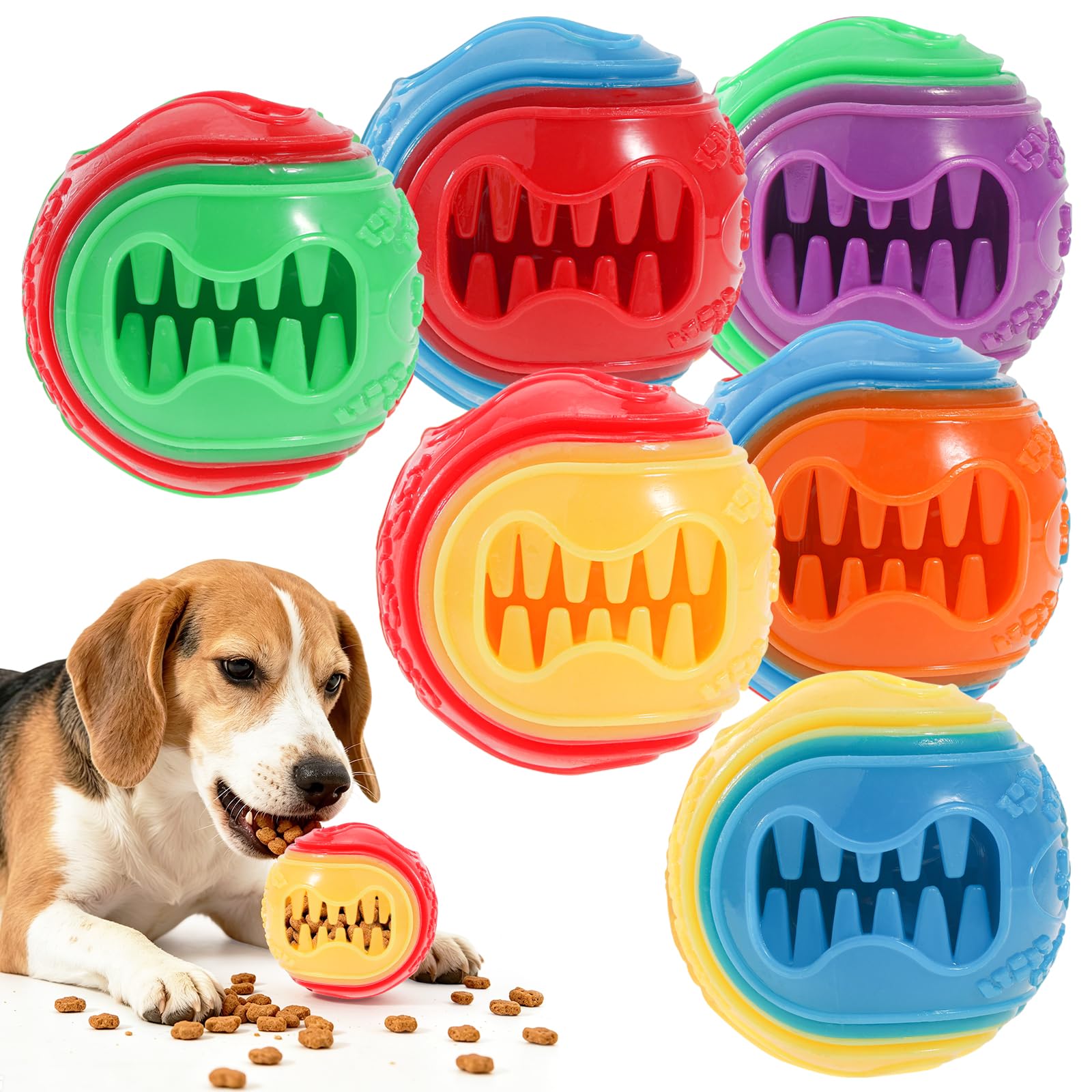 QKURT 6 Pcs Dog Treat Dispenser Balls Toy, Interactive Dog Treat Toys, Squeaky Dog Balls Chew Toy Rubber Ball for Brain Training, Teeth Cleaning, Boredom, Entertainment