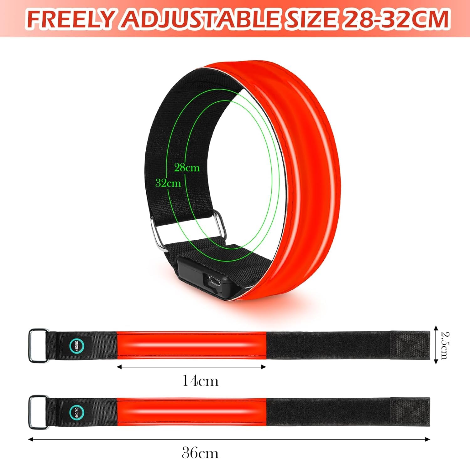 Calonia 2 x Rechargeable LED Light Armband, LED Running Armband, Adjustable Flashing LED Safety Bracelet for Children or Adults (Red)
