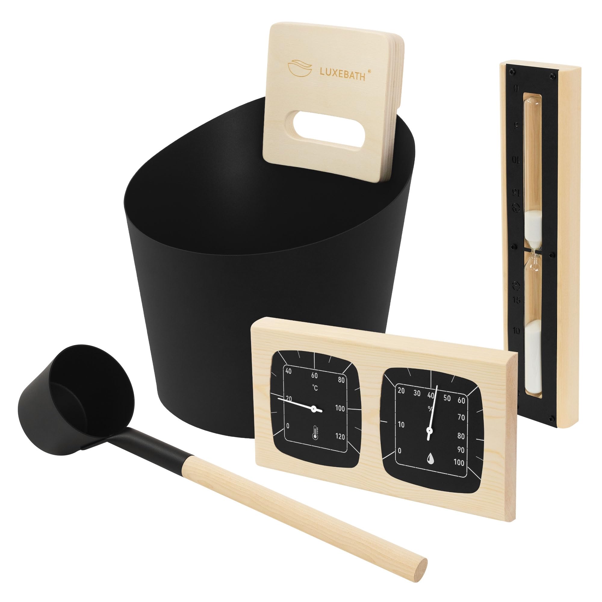 LuxeBath Saunazubehör-Set aus Aluminium & Naturholz, Schwarz, Sauna Set 4-teilig, Aufgusskübel mit Griff & Schöpfkelle, Thermometer-Hygrometer & 15min Sanduhr, Saunaeimer 6L, Langlebiges Sauna Zubehör