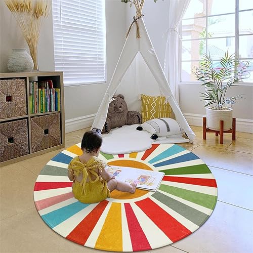 Miniatura 9 de STARUIA Alfombra redonda retro para dormitorio, alfombra lavable colorida de 5 pies para guardería, alfombra circular para niños para sala de