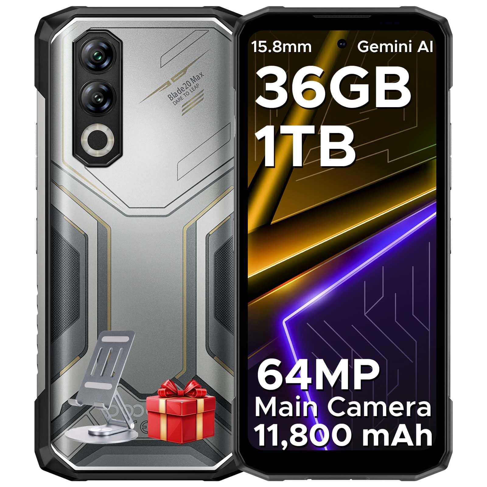 DOOGEE Blade 20 Max Rugged Smartphone, 36GB RAM+1TB ROM(2TB TF) Telefono Indistruttibile, 11800mAh/33W, MTK Helio G100 Octa Core, 6.6" 120Hz, 64MP+20MP+16MP, Android 15/NFC/4G Dual SIM/Face ID