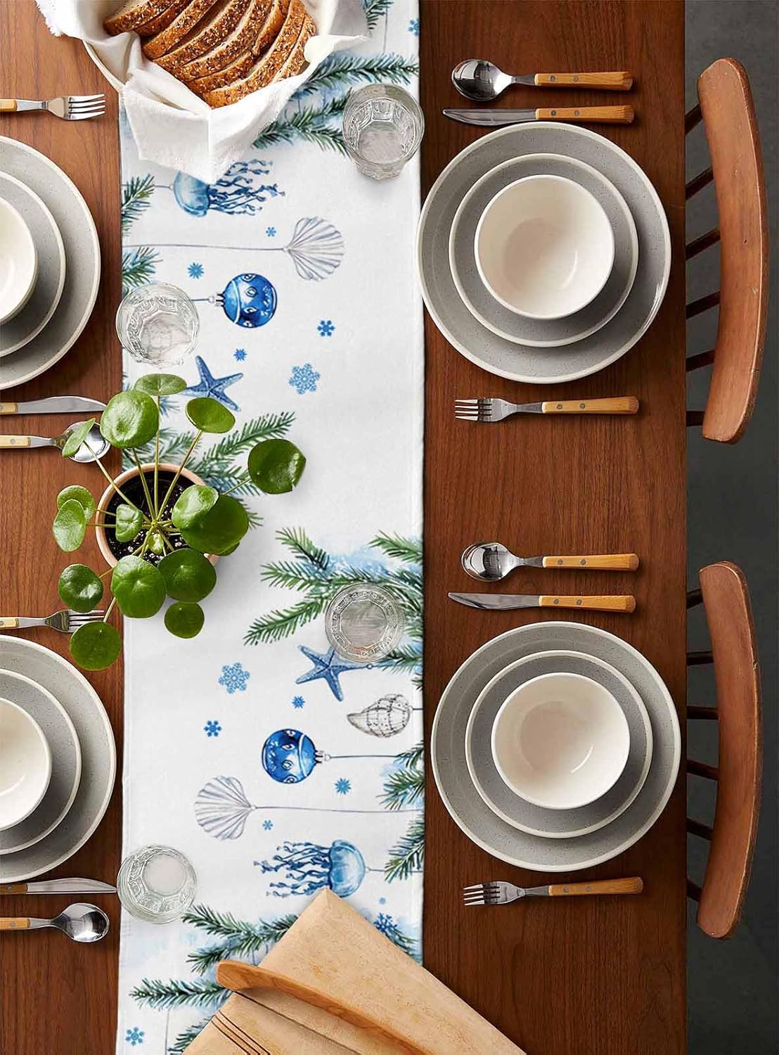 Blue Coastal Christmas Table Runner - 72 Inch Long Xmas Botanical Starfish Cotton and Linen Blended Dress Scarves Farmhouse Table Runner for Kitchen Dining, Coffee Table, 18" x 72"