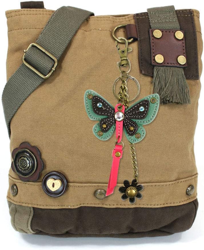 Chala Patch Cross-Body Canvas Messenger Bag with 3D Butterfly/Bird Charm (Brown- Teal Butterfly)