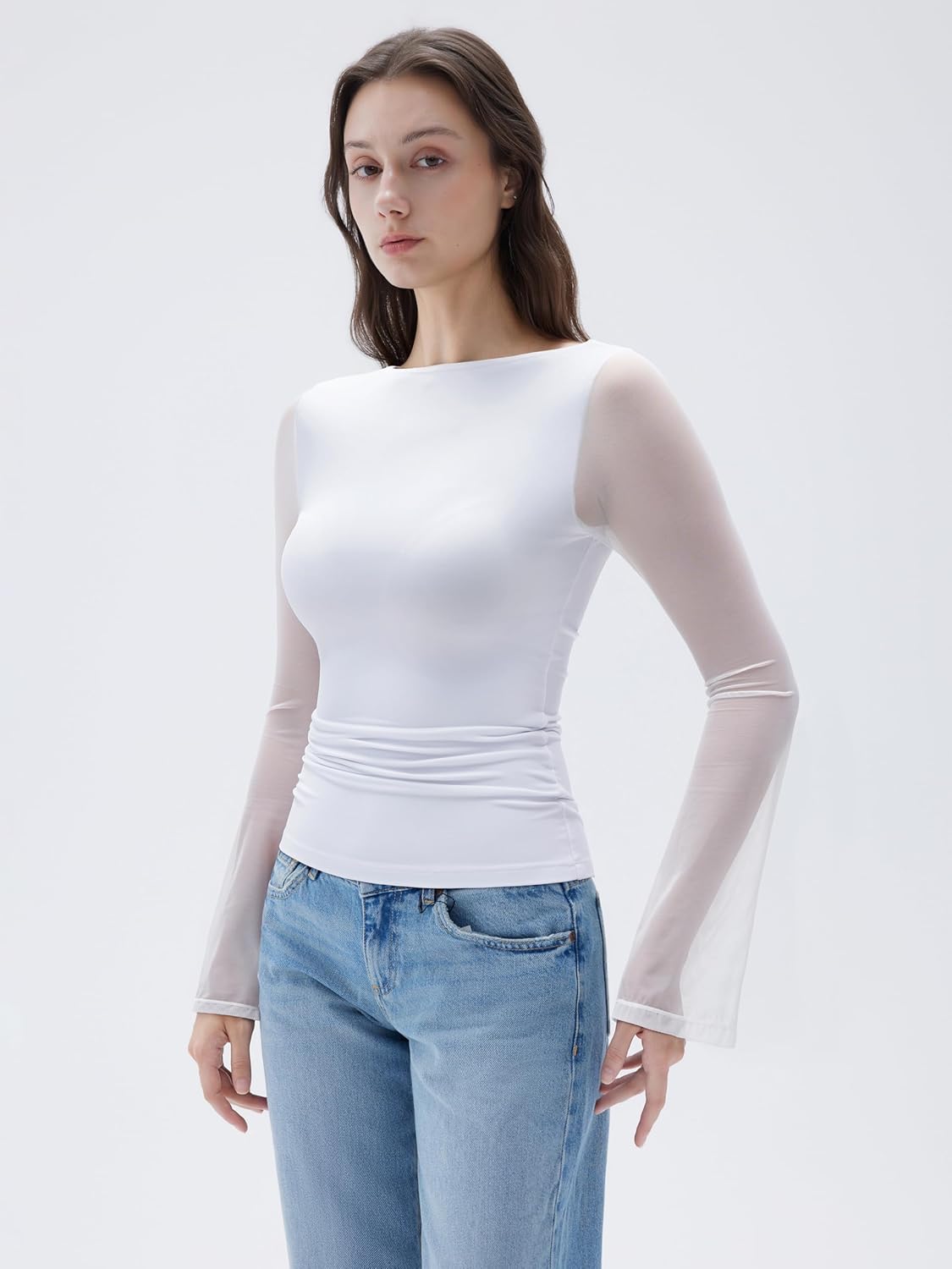 SUUKSESS Women Mesh Sheer Bell Sleeve Tops Double Lined Boat Neck Going Out Shirts - Image 2