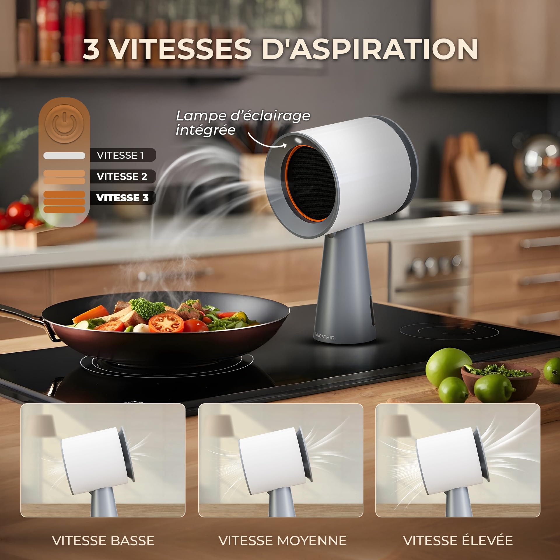 INNOV'AIR Hotte de Cuisine Aspirante 180m³/h Portable, 3 Vitesse Silencieuse avec Filtres a Charbon, Mini Hotte Portable Pour Cuisine sans Évacuation et Extérieur