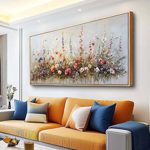 hyidecorart Decoración de pared bohemia para dormitorio, lienzo enmarcado en madera, arte de pared, sala de estar, granja, acuarela, pastel, flores