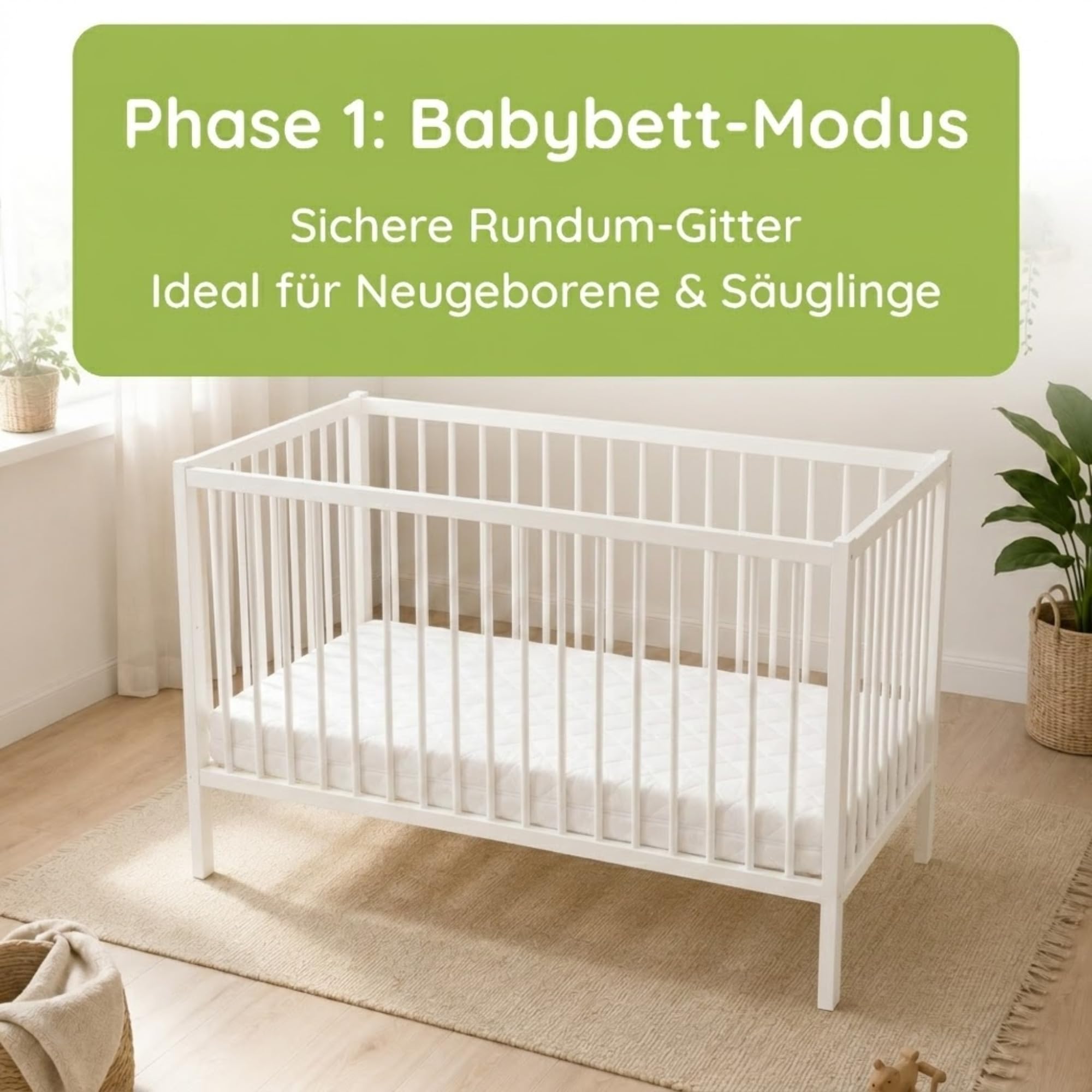 Kids Collective Babybett Kinderbett Beistellbett | Modulares Gitterbett Lattenrost 3-Fach höhenverstellbar & abnehmbare Sprossen | Baby Bett Holz Kinderzimmer | 120x60 cm | Weiß