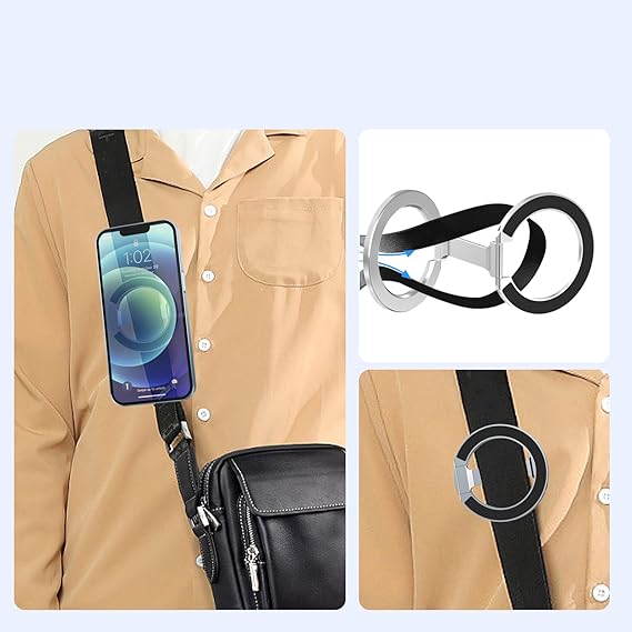Strong Magnetic Phone Grip with Kickstand- Versatile Cell Phone Holder for Gym, Car Mount- Durable Double-Sided Magnetic Ring- Includes Metal Ring, Compatible with iPhone and All Cell Phones- (Silver)